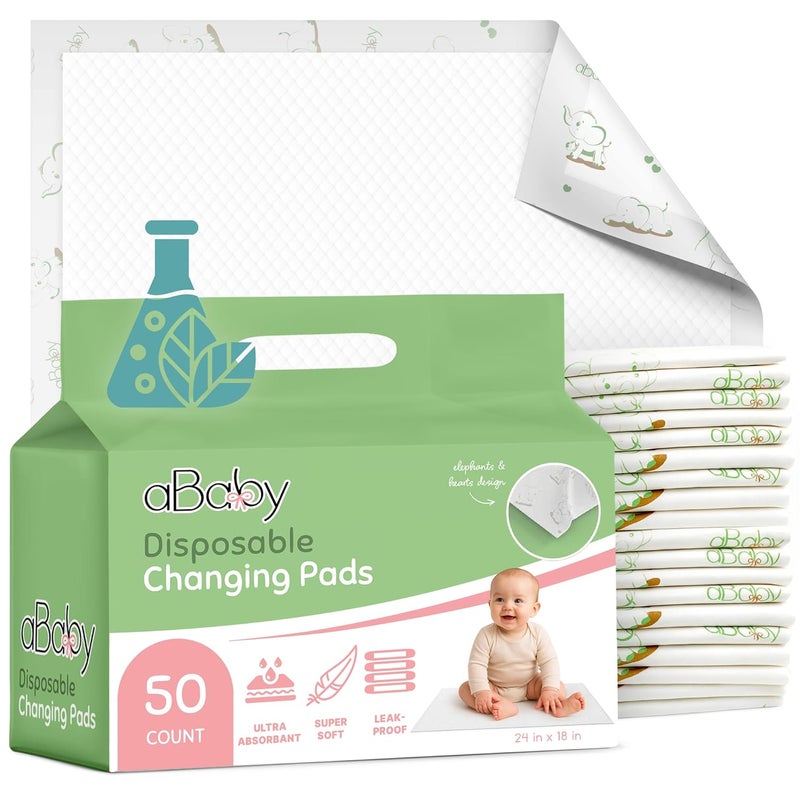 ABABY REFRESH Disposable Changing Pads for Baby (50 Pack) Super Soft and Ultra Absorbent Baby Changing Pad - Leak Proof Diaper Changing Pads for Stress-Free Baby Diaper Changes - Green Elephant - Image 1